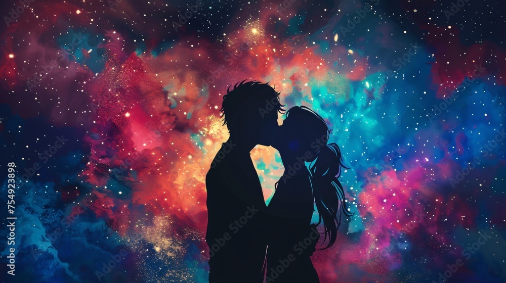 Couple kissing under the stars a galaxy backdrop in vibrant colors illustrated in a dreamy digital art style