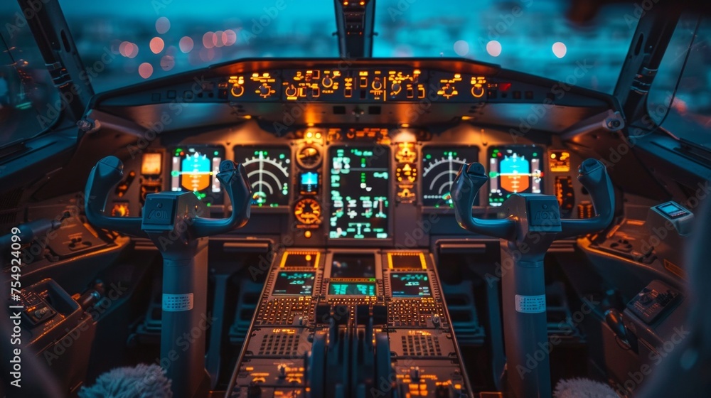Interior of the cockpit Airplane. instruments for control and monitoring aircraft system - obrazy, fototapety, plakaty 