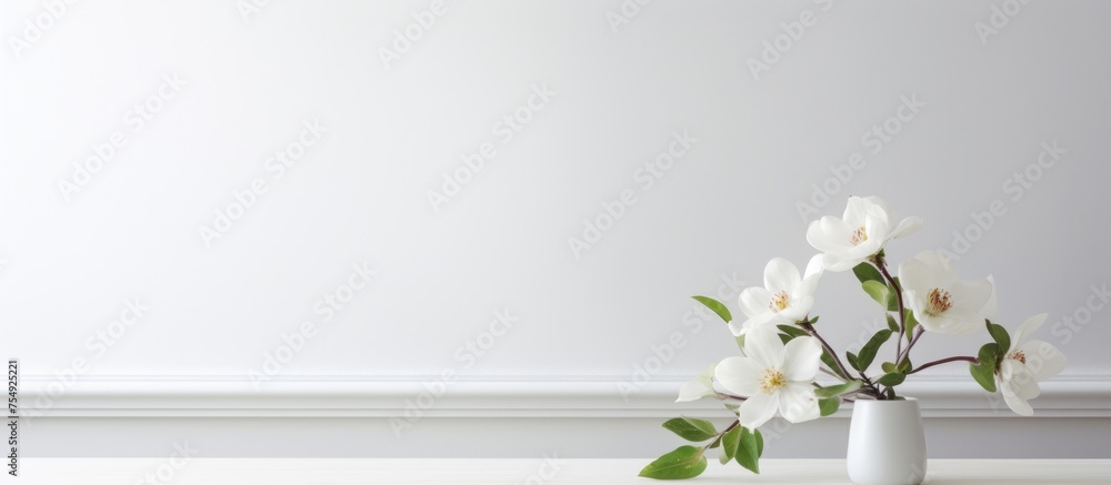 A white vase brimming with white flowers sits atop a table against a white background. The elegant display adds a touch of freshness and beauty to the room. A white vase brimming with white flowers sits atop a table against a white background. The elegant display adds a touch of freshness and beauty to the room.