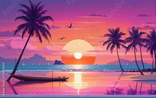 Sea Pinc Sunset over Ocean Palms: Lovers Landscape. Illustration. © Kenall