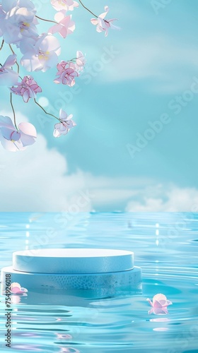 A tranquil scene featuring a pastel floral arrangement on a podium with its calm reflection on the water surface, suitable for product display setup