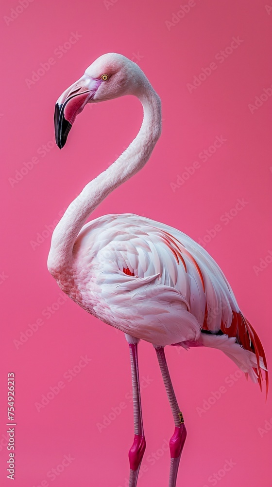 Fototapeta premium Flamingo standing one legged on a hot pink background a pop of tropical color with generous copyspace