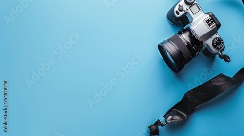 DSLR camera on light blue background, top view