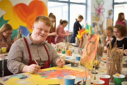 Young smiling man with Down syndrome on art workshop with a group of students 