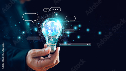 Businessman show virtual graphic Global Internet connect Command prompt with light bulb. Chat with AI for generate. Ai tech, Artificial Intelligence Futuristic technology transformation on human hand
