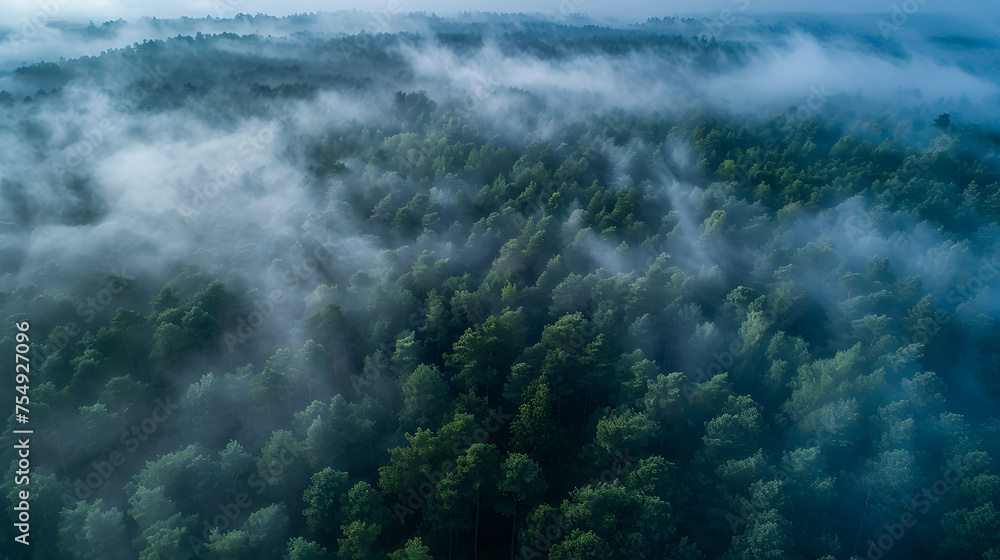 Foggy forest, autumn vibes, nature background, rain and clouds