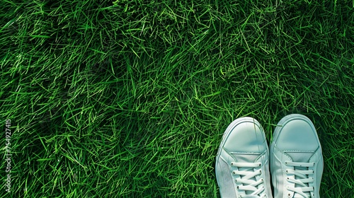 Golf shoes on the grass on a fresh spring green background grounding and stability with copyspace