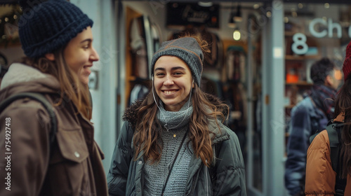 Cheerful young women enjoying a candid moment in urban winter fashion.