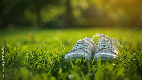 Golf shoes on the grass on a fresh spring green background grounding and stability with copyspace