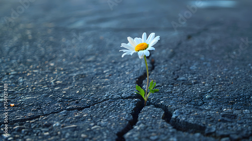 A single daisy grows from a crack in the asphalt.