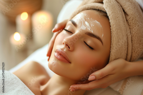 top down view of a woman getting a European facial massage in a beautiful luxurious day spa photo