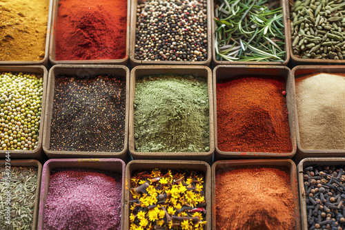 Assorted spices in square compartments, top view