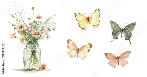 Fototapeta Naklejka Na Ścianę i Meble -  Watercolor butterflies and flowers in a jar