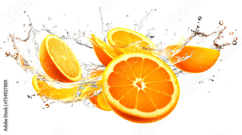 Orange sliced pieces flying in the air with water splash isolated on transparent png. 