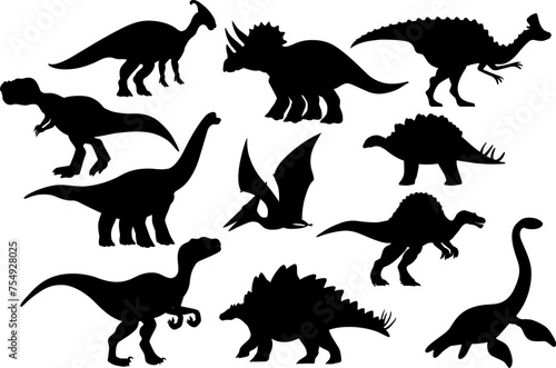 Fototapeta Naklejka Na Ścianę i Meble -  Set of different dinosaur silhouettes. Isolated flat vector illustrations