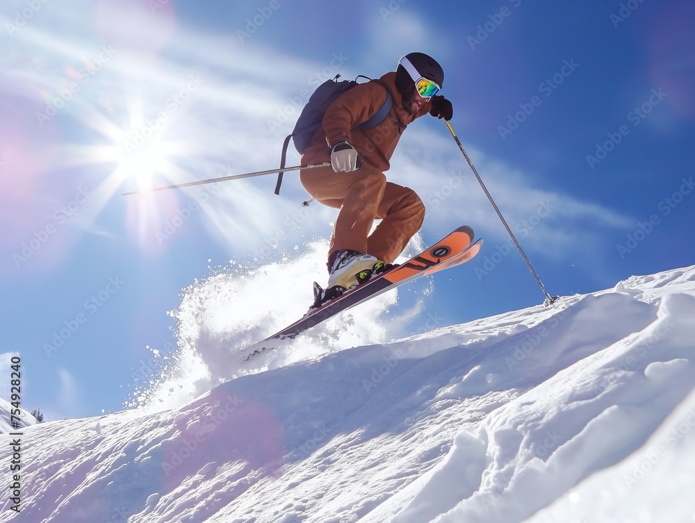 An athletic skier mid-jump against a stunning mountain backdrop, showcasing the excitement of winter sports.