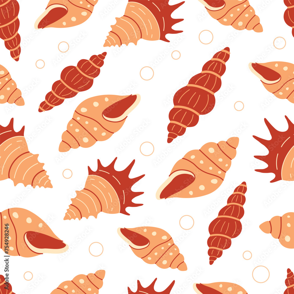 Seashells seamless pattern. Trendy background of seashells for wrapping paper, web, textile. Marine decoration. Flat style