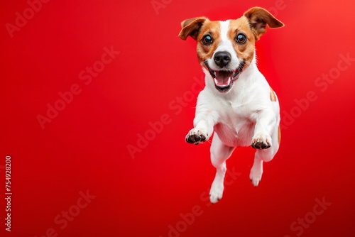 Jack Russell Terrier in mid leap a display of boundless energy on a vivid red background with ample copyspace © Sara_P