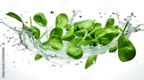 Malabar spinach sliced pieces flying in the air with water splash isolated on transparent png. 
