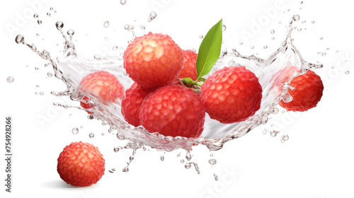 Lychee sliced pieces flying in the air with water splash isolated on transparent png.
