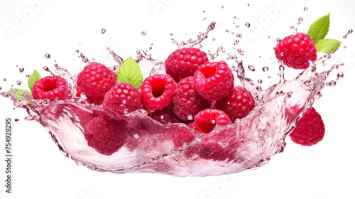 Loganberry sliced pieces flying in the air with water splash isolated on transparent png.
