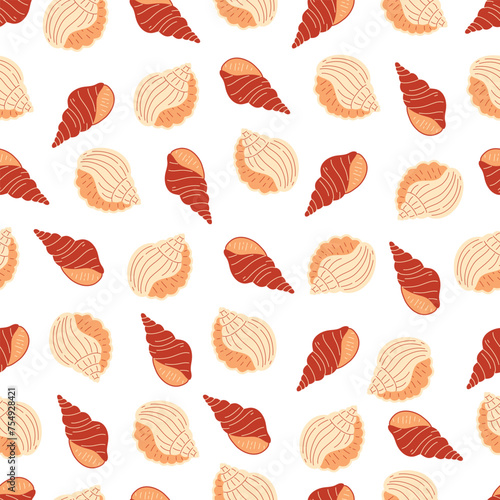 Seashells seamless pattern. Trendy background of seashells for wrapping paper, web, textile. Marine decoration. Flat style