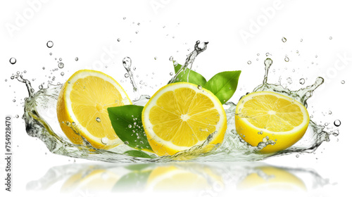 Lemon sliced pieces flying in the air with water splash isolated on transparent png. 