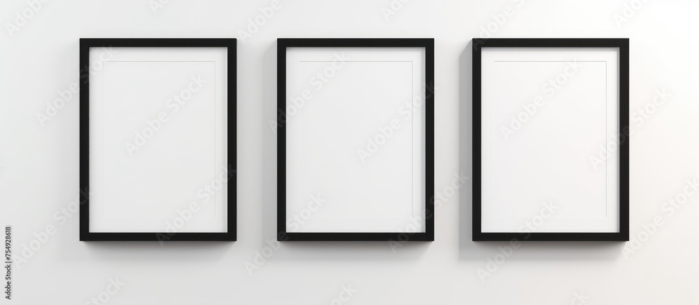 Three black frames are hung on a white wall, creating a simple and modern display. The frames stand out against the white background, adding a stylish touch to the room. Three black frames are hung on a white wall, creating a simple and modern display. The frames stand out against the white background, adding a stylish touch to the room.