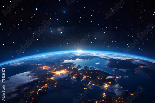 earth and stars, sunrise over the planet, Stunning Earth View from Space, Mesmerizing Planet Landscape Captured in Orbit, view on planet Earth from space., the sun and the clouds, Generative AI