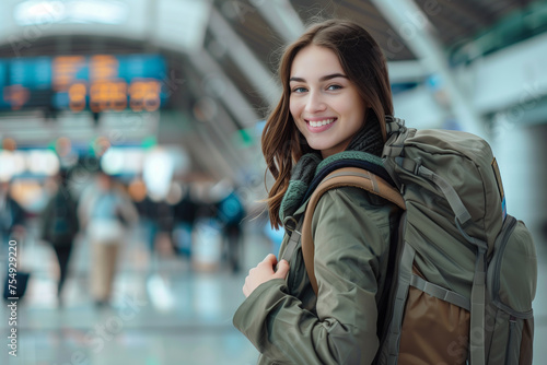 Portrait of young traveler woman with backpack at the airport terminal. Travel and vacation concept
