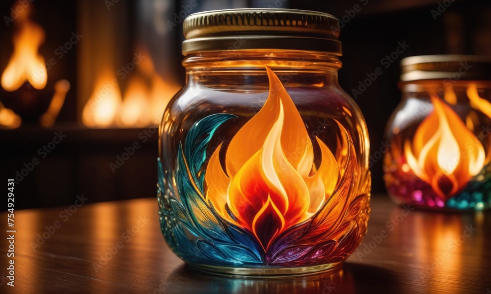 A glass jar with a flame design in it