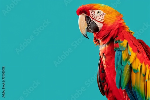 Macaw parrot flaunting vibrant feathers on a teal background a splash of color with ample copyspace