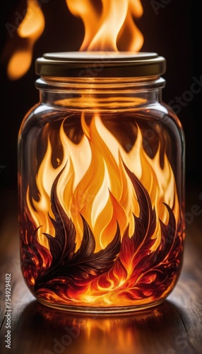 A glass jar with a flame design in it
