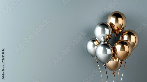 Metallic 3D balloons shimmering on a sleek silver background adding a touch of elegance with plenty of copyspace