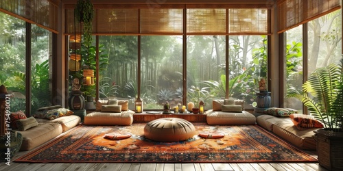 Wallpaper Mural Boho Scandinavian style in farmhouse interior. Bedroom with natural wooden furniture. Torontodigital.ca