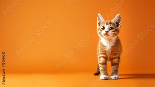 Munchkin cat with short legs standing adorably on a bright orange background a bundle of joy and curiosity with copyspace © Sara_P