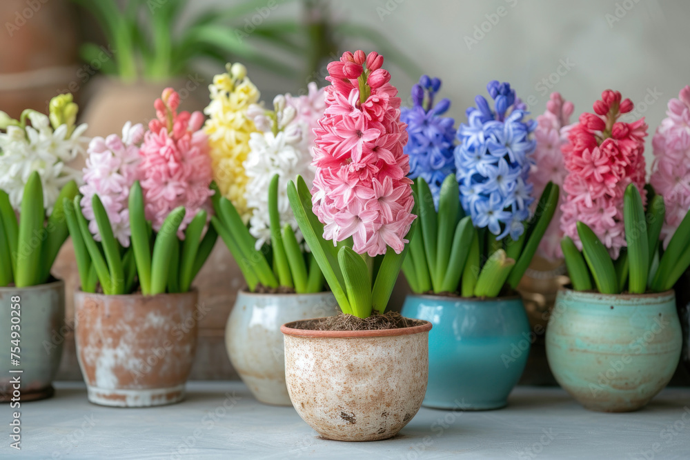 Pots with hyacinth of different colors.