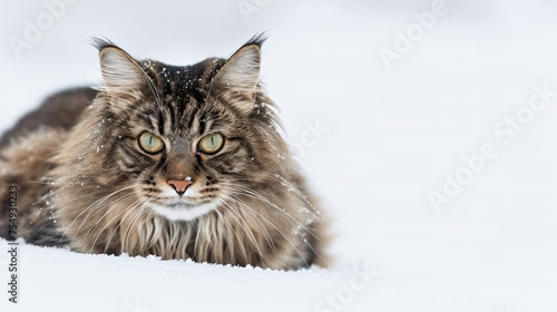 Norwegian Forest cat amidst a faux snowy white background a nod to its hearty and adventurous spirit with copyspace