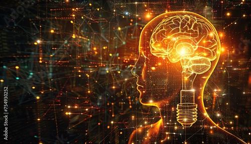Abstract Technological Concept. Light Bulb, Head, and Brain Fusion. Copy Space. 