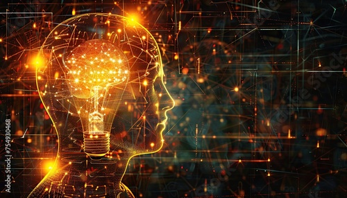 Wallpaper Mural Abstract Technological Concept. Light Bulb, Head, and Brain Fusion. Copy Space.  Torontodigital.ca