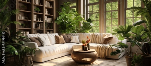 An interior design featuring a living room filled with furniture, lots of plants, and wooden flooring. The room has large windows allowing natural light in