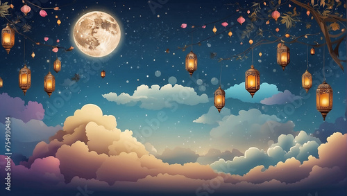 A night sky with a full moon, stars, clouds, and glowing lanterns. © Noman