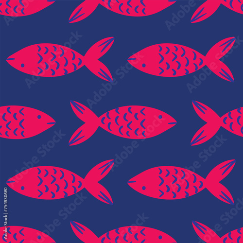 Red fish vector repeat pattern on dark blue background