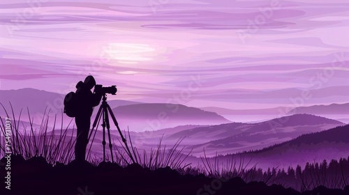 Photographer capturing a landscape shot on a majestic purple background in a vivid realistic pencil sketch style with generous copyspace