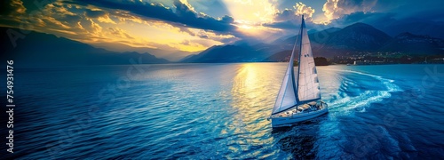 Sailboat leaving the harbour at sunset. Summer adventure, seascape, travel, holiday concept.