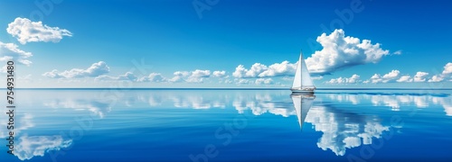 Panoramic minimalist seascape yacht solo expedition across the Atlantic white clouds blue sky reflection.  photo