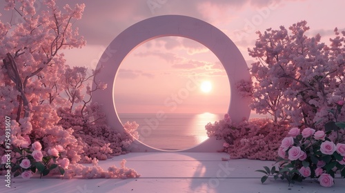 serene nature fantasy with pink floral trees and roses around circular stage overlooking ocean sunset panorama, mother day, valentine day, wedding, cosmetic, greetings