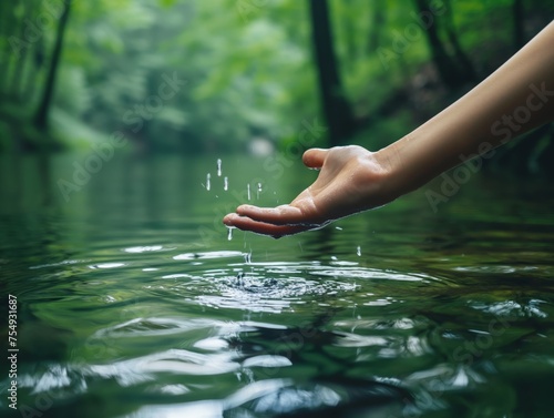 Close-up of a human hand gently touching the clear water of a forest river  surrounded by lush greenery.