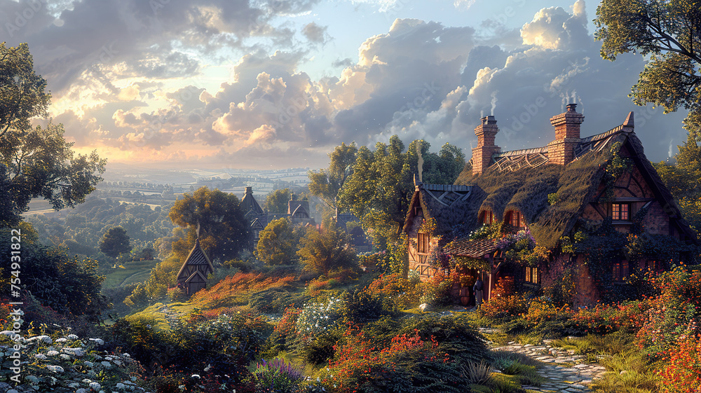 Idyllic countryside landscape with quaint cottages amidst lush greenery under a dramatic sky at sunset