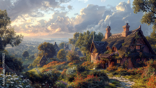 Idyllic countryside landscape with quaint cottages amidst lush greenery under a dramatic sky at sunset
